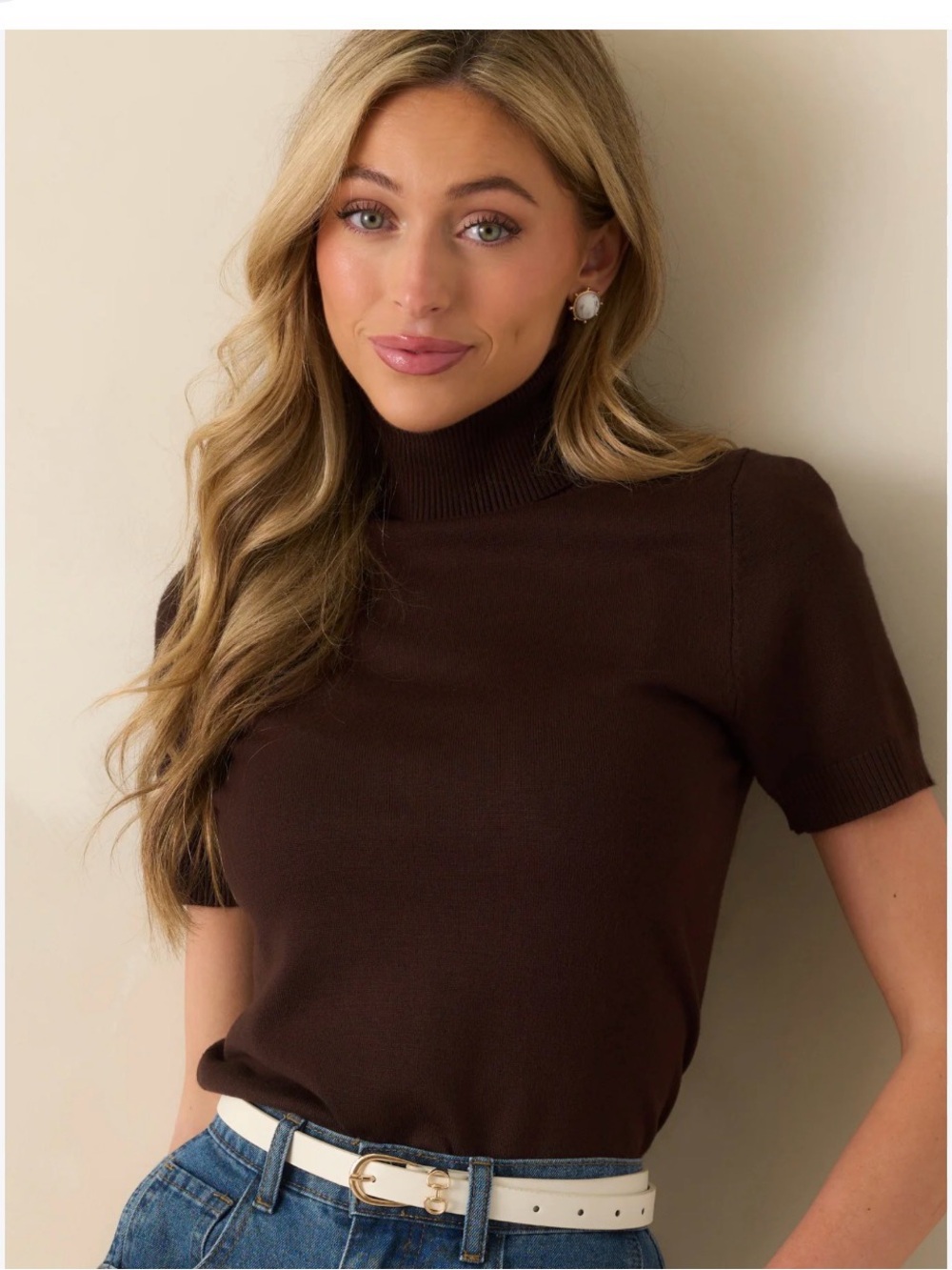 Lord & Taylor Chocolate Brown Short-Sleeve Turtleneck Top
